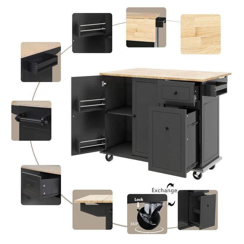 Rubberwood Kitchen Cart with Drop Leaf, Internal Storage Rack, and 2 Drawers