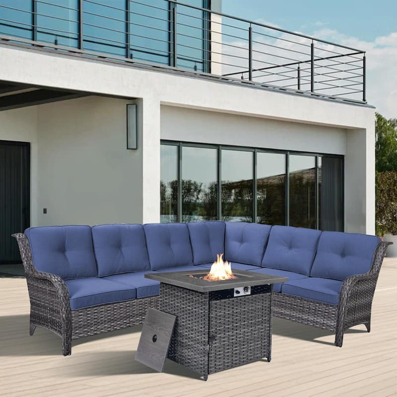 Gymojoy Wicker Outdoor Patio Furniture Sets with Fire Pit Table - Blue - Grey