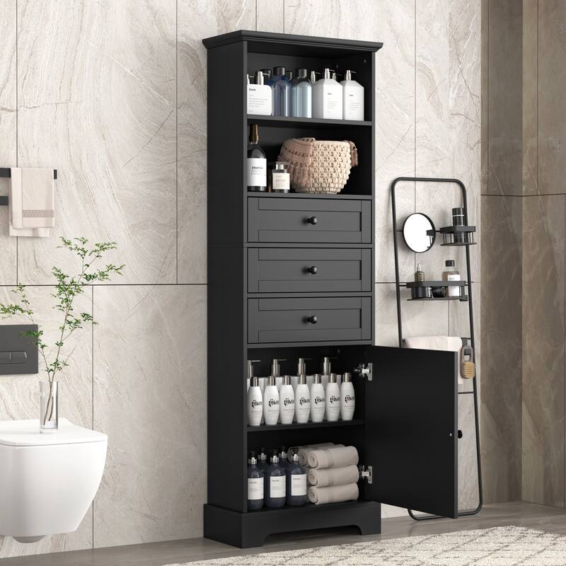 Tall Storage Cabinet with 3 Drawers and Adjustable Shelves