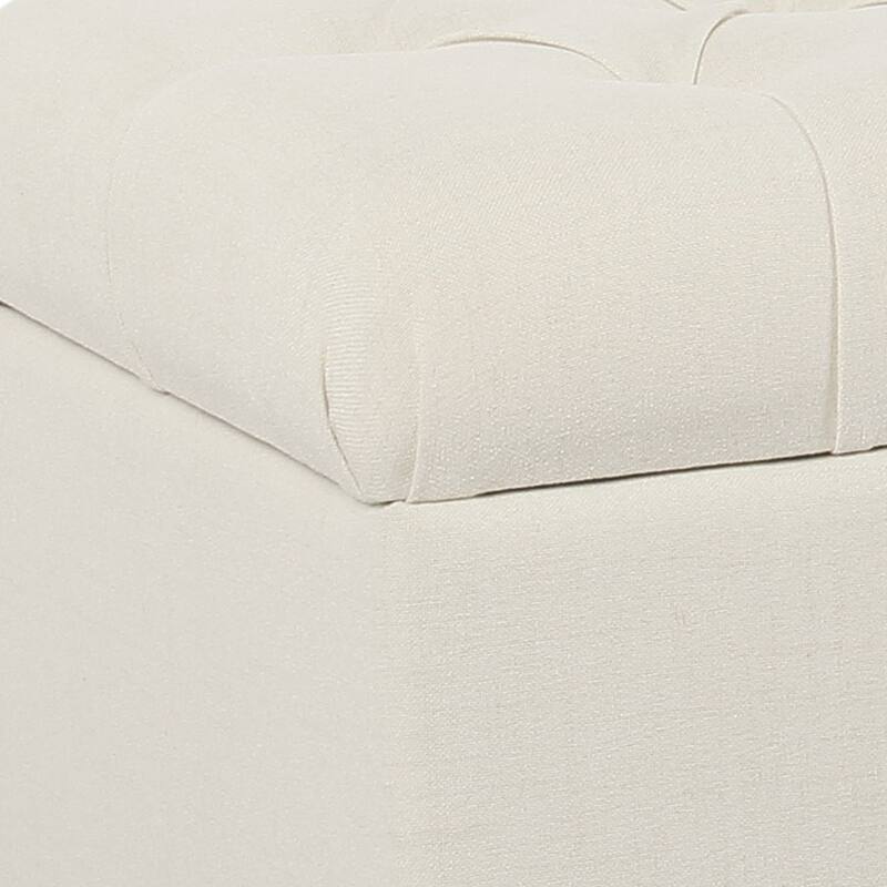 Fabric Upholstered Button Tufted Wooden Bench With Hinged Storage, White and Brown - 18 H x 40 W x 18 L Inches