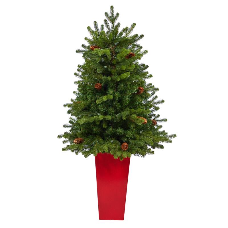 3.5Ft Artificial Christmas Tree with Lights & Pine Cones - Holiday Decor - Red - 36