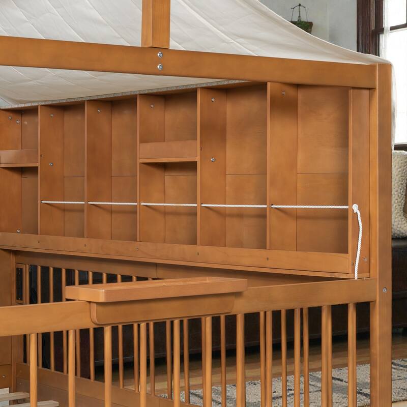 Full Size Kids House Bed with 2 Storage Drawers, Side Bookshelf with LED Strip, Guardrails and Charging Station