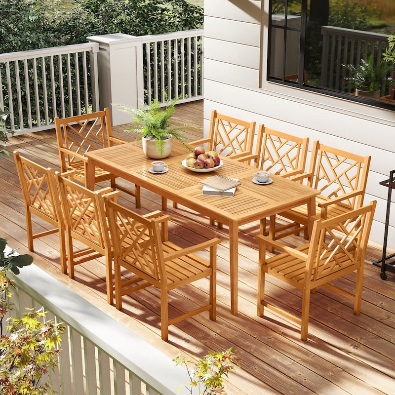 Gymax 9-Pieces Patio Dining Table Set w/8 Chairs Slatted Tabletop
