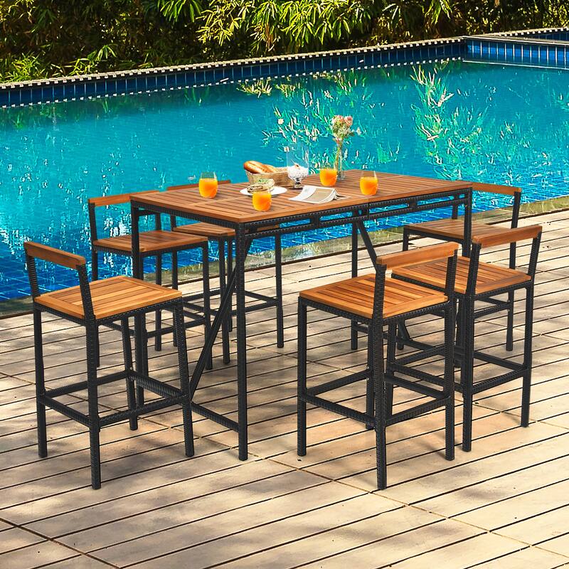 Costway 7PCS Patio Rattan Bar Set Acacia Wood Frame Stools Table