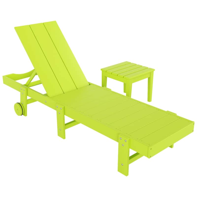 Polytrends Shoreside Modern Poly Eco-Friendly All Weather Reclining Chaise Lounge With Wheels and Side Table (2-Piece Set)