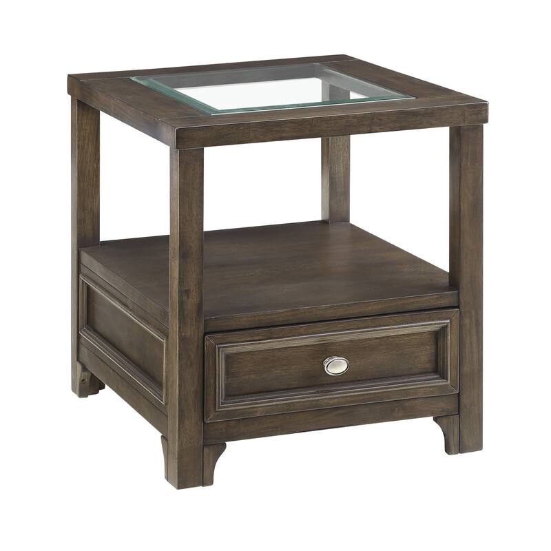 Berny End Table w Glass Top, Drawer, Shelf, Charcoal Brown 26 Inch