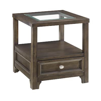 Berny End Table w Glass Top, Drawer, Shelf, Charcoal Brown 26 Inch