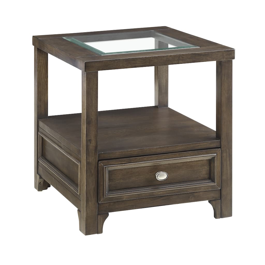 Berny End Table w Glass Top, Drawer, Shelf, Charcoal Brown 26 Inch