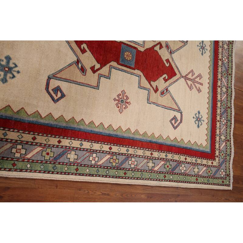 Geometric Beige Kazak Oriental Rug Hand-Knotted Bedroom Wool Carpet - 5'0" x 6'6"