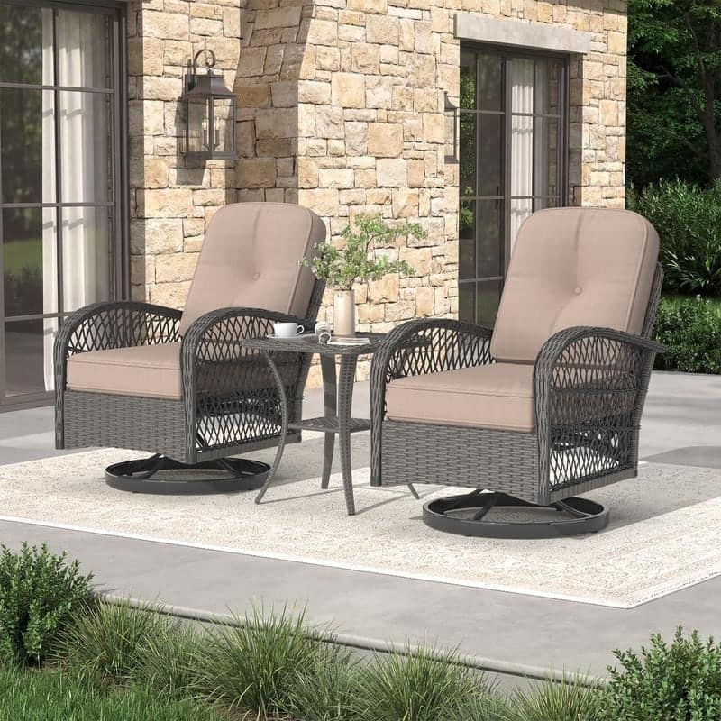 Outdoor Swivel Rocker Bistro Set - 3 Piece Wicker Patio Set with Swivel Rocking Chairs, Cushions, and Tempered Glass Side Table