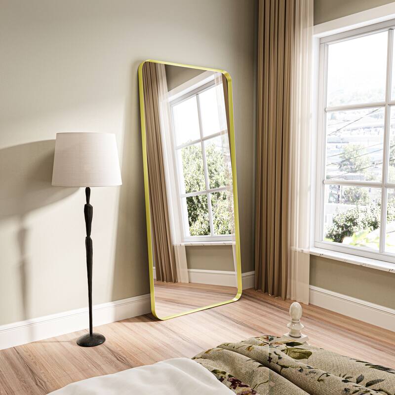 Organnice Rectangular Aluminum Framed Modern Rounded Wall Mount Mirror
