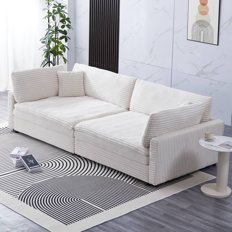 112-inch Beige Corduroy Sofa with Four Seats and Double-layer Cushions