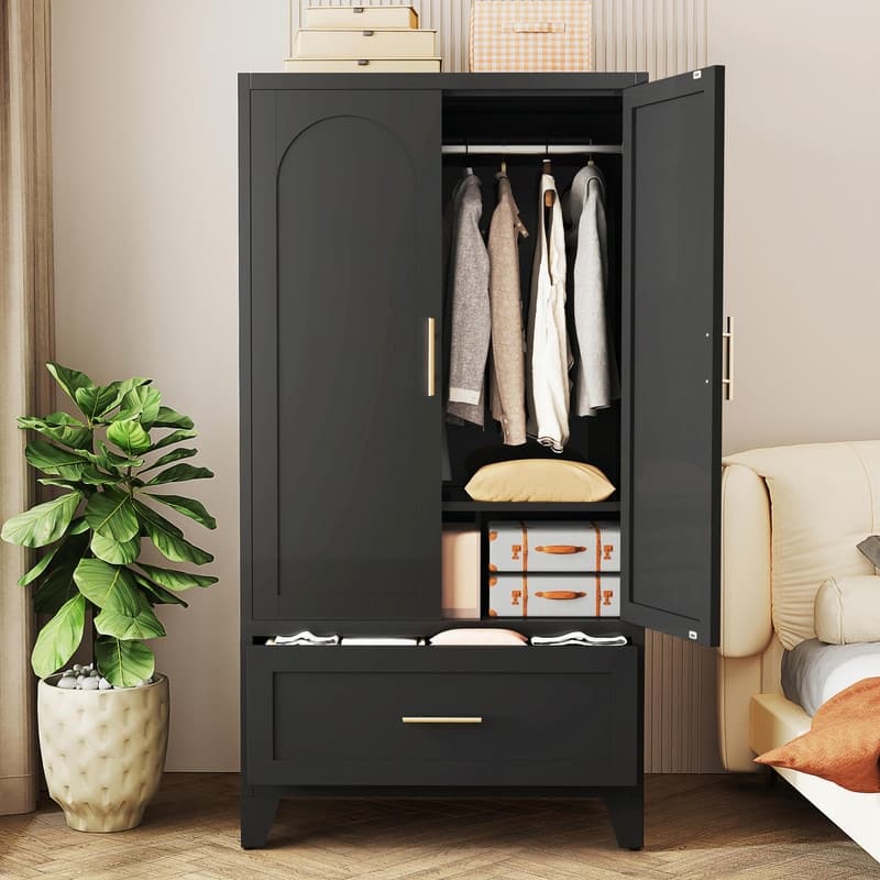 60" Tall Metal Wardrobe Cabinet - 2-Door Closet with Hanging Rod, Shelf, and Drawer