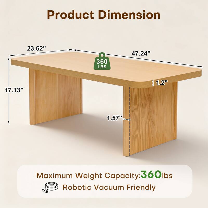 47-Inch Rectangular Center Coffee Table with Solid Pine Wood Legs - 47.24"L x 23.62"W x 17.13"H