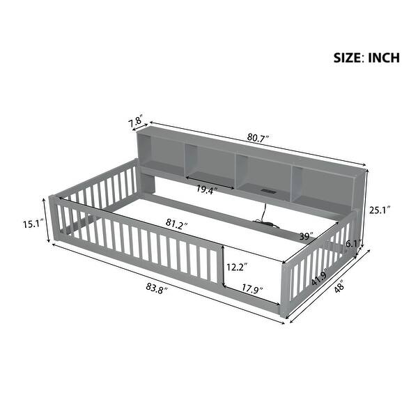 dimension image slide 0 of 3, Wood Twin XL Size Floor Bed with Storage Cabinets and USB Ports, Solid Wood Bedframe w/Fence, No Box Spring Needed