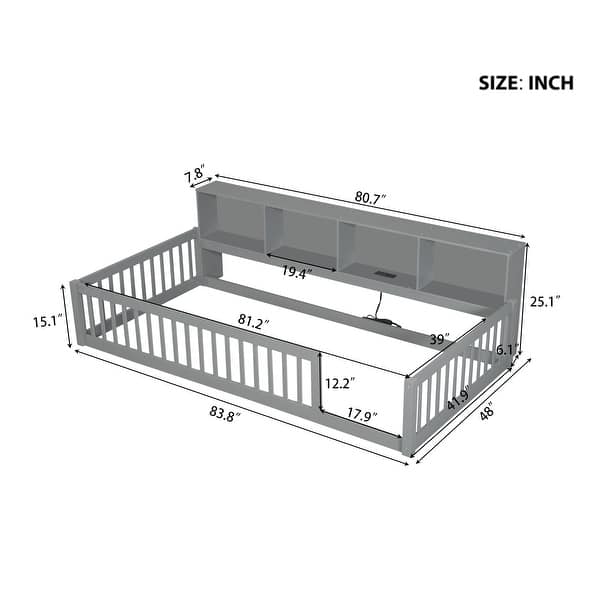 dimension image slide 1 of 3, Wood Twin XL Size Floor Bed with Storage Cabinets and USB Ports
