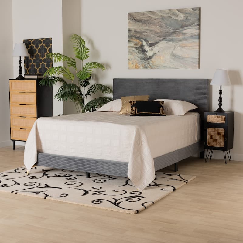 Velvet Queen Bed - Modern Panel Bed with Gold Metal Legs, Channel Tufted Headboard, Bedroom Furniture