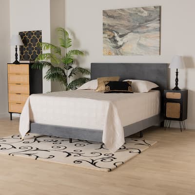 Velvet Queen Bed - Modern Panel Bed with Gold Metal Legs, Channel Tufted Headboard, Bedroom Furniture