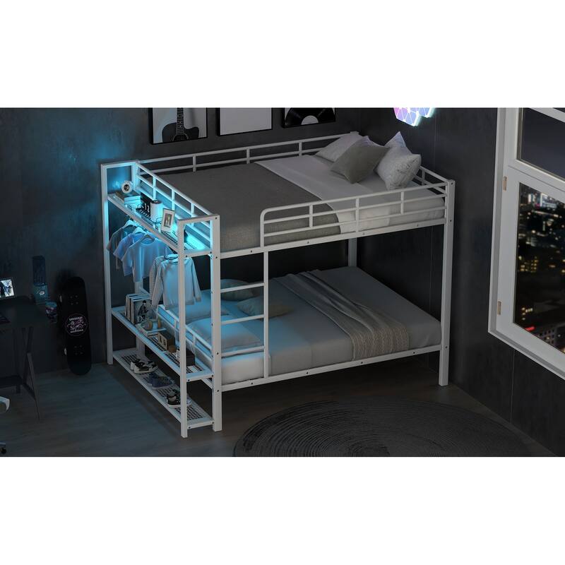 Full Size Metal Bunk Bed with Storage, LED Light, and Hooks, White