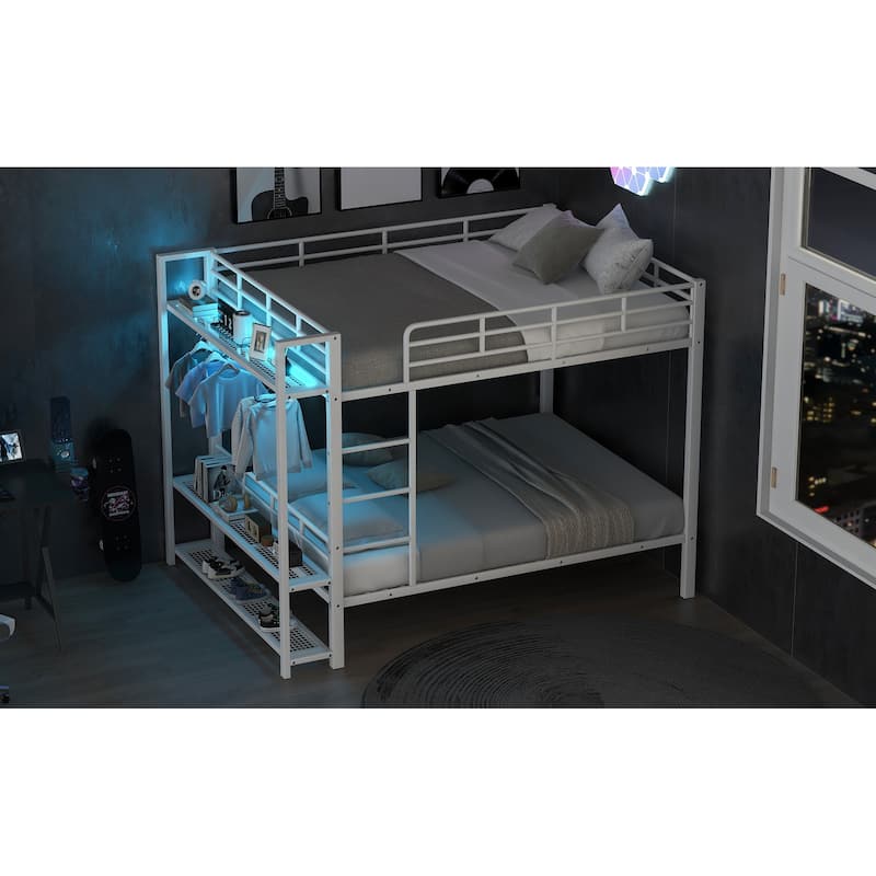 Full Size Metal Bunk Bed with Storage Shelves, Clothes Hooks & LED Lights - Space-Saving Design