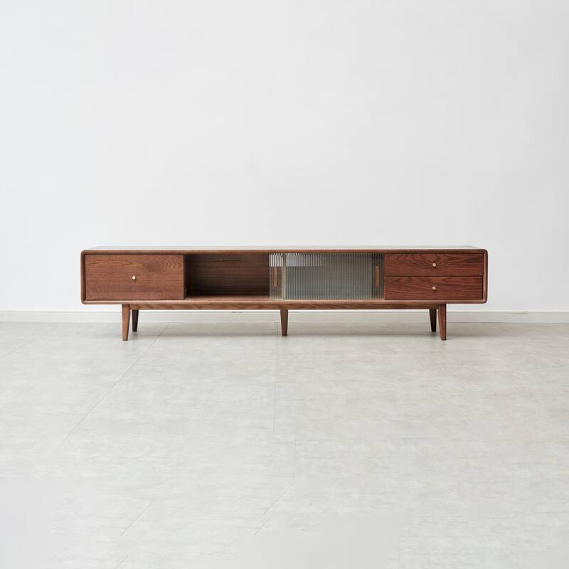 Christopher Knight Home - Minglan Walnut Solid Oak 78" TV Stand with Changhong Glass & Dual Drawers