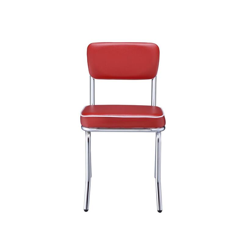Dining Side Chair Set of 2, Retro Red Faux Leather, Chrome Metal Legs