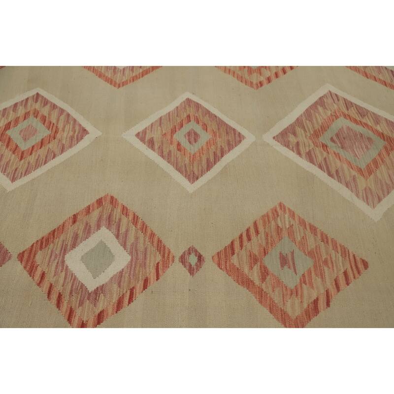 Hand Woven Oriental 100% Wool Carpet Southwestern Tribal Beige & Ivories Kilim Area Rug - 9' 8'' X 7' 11''