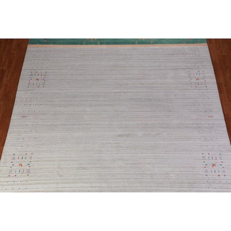 Hand Knotted Oriental 100% Wool Carpet Tribal Stripe Greys & Charcoal Gabbeh Area Rug - 12' 6'' X 9' 2''