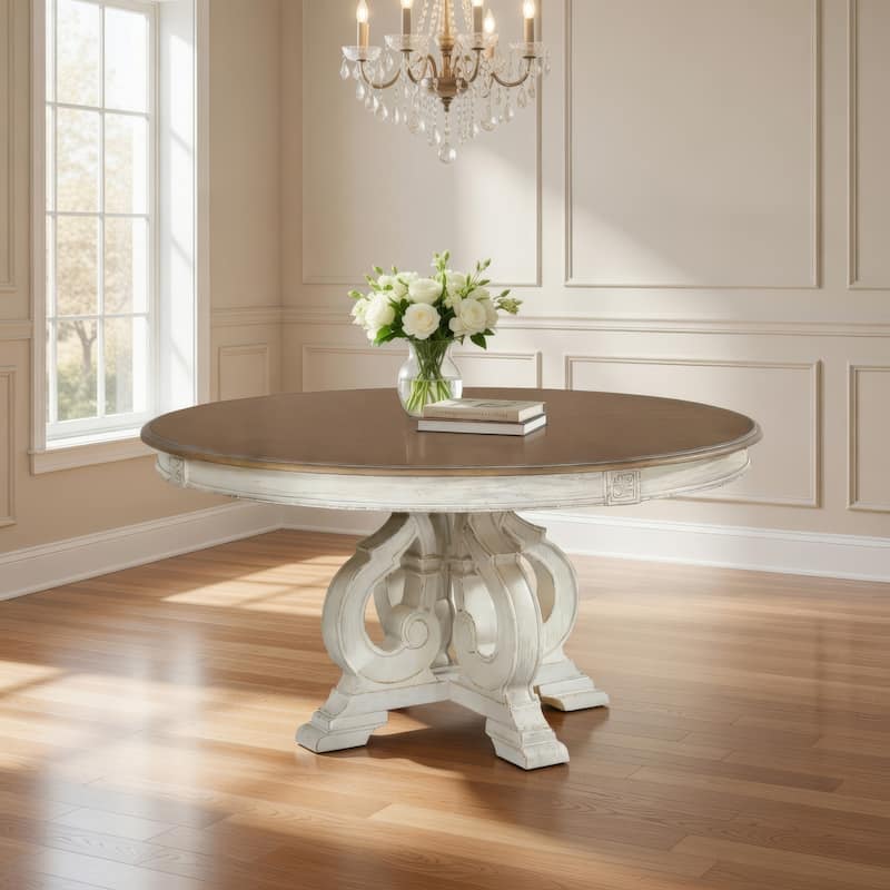 Dining Table, 60 Inch Round Brown Top, Carved Pedestal Base, White