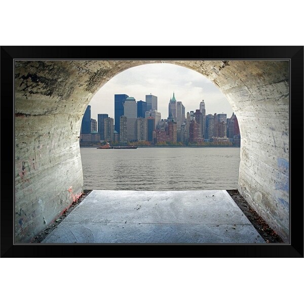 "Manhattan seen through cement tunnel, New York City" Black Framed Print