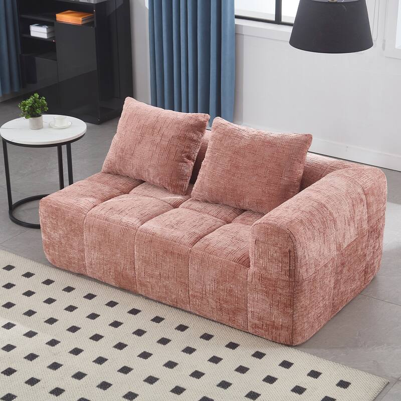 Chenille Loveseat Sofa Upholstered Deep Seat Sofa, Lounge Couch Corner Sofa Minimalist Modular Couches for Apartment - Pink