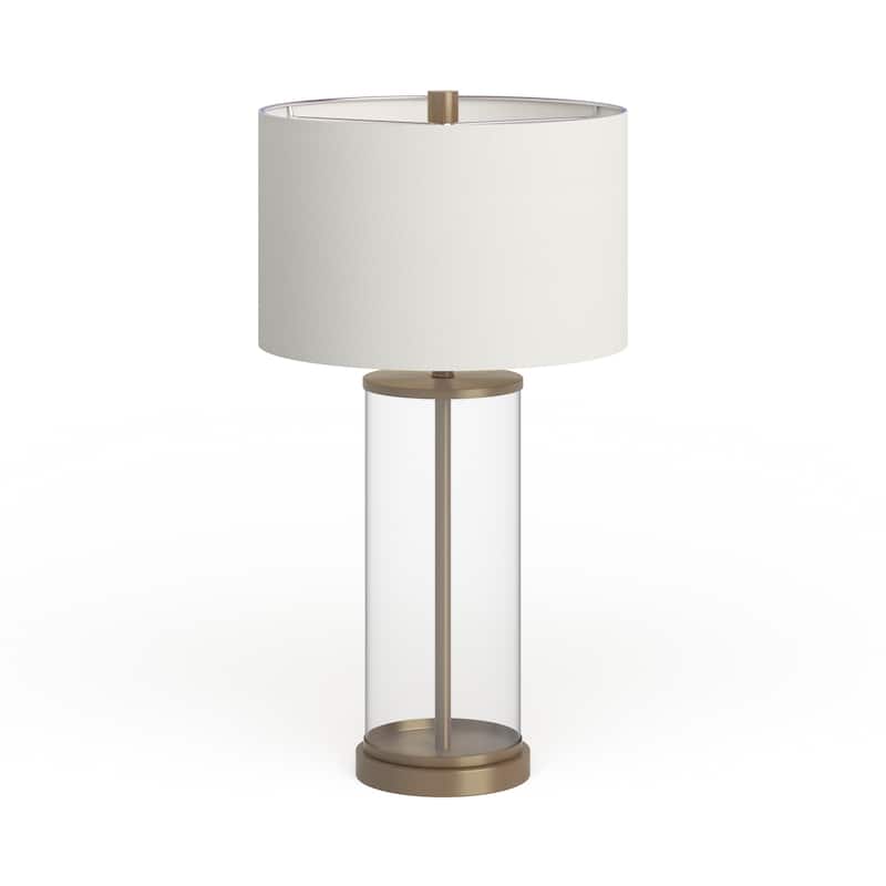 Reeves Cylindrical Clear Glass & Antique Brass Table Lamp with Linen Shade