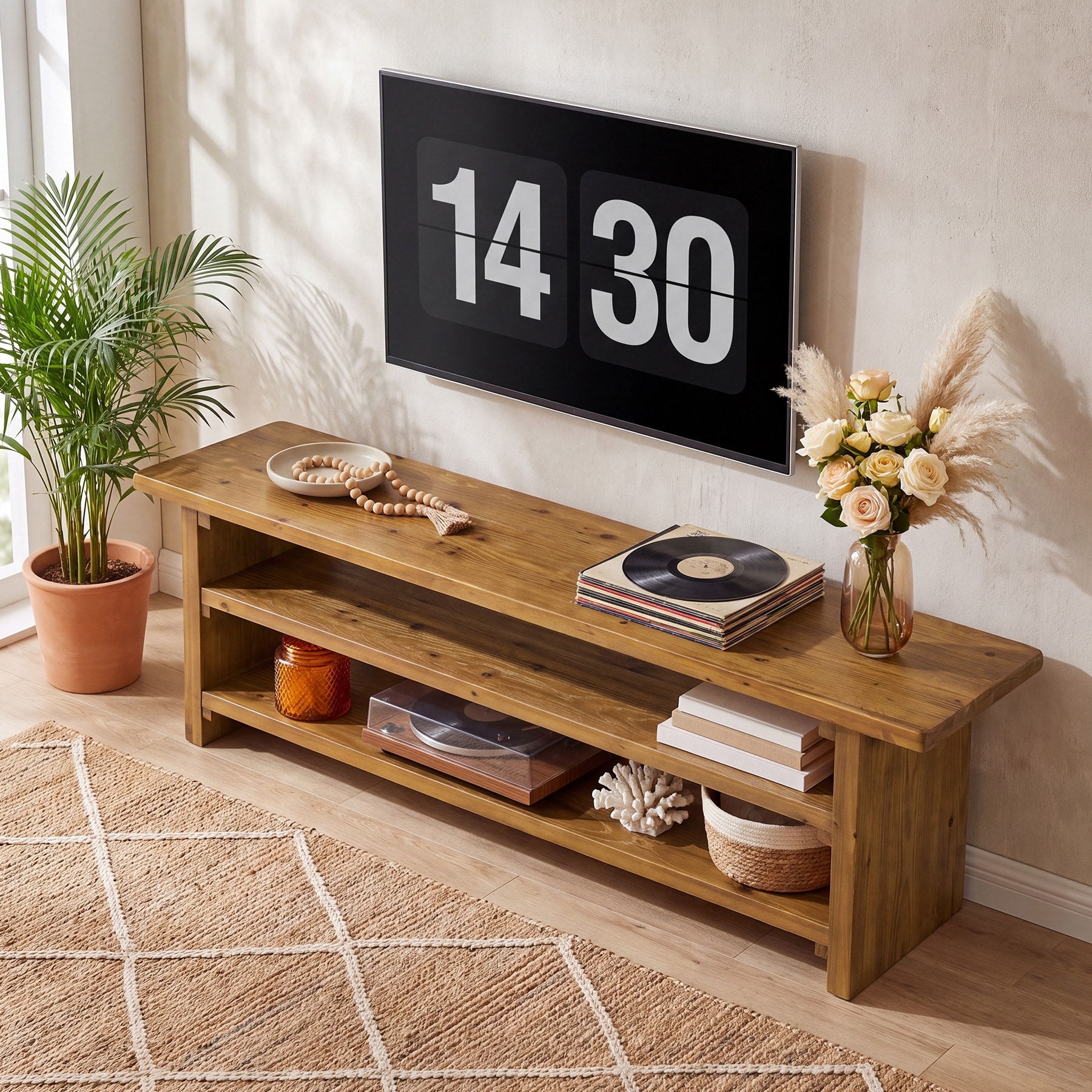 63 Inch Farmhouse Solid Wood TV Stand, 3-Tier Open Storage Media Console for TVs Up to 60 Inch - 63"L x 13.78" W x 17.72" H