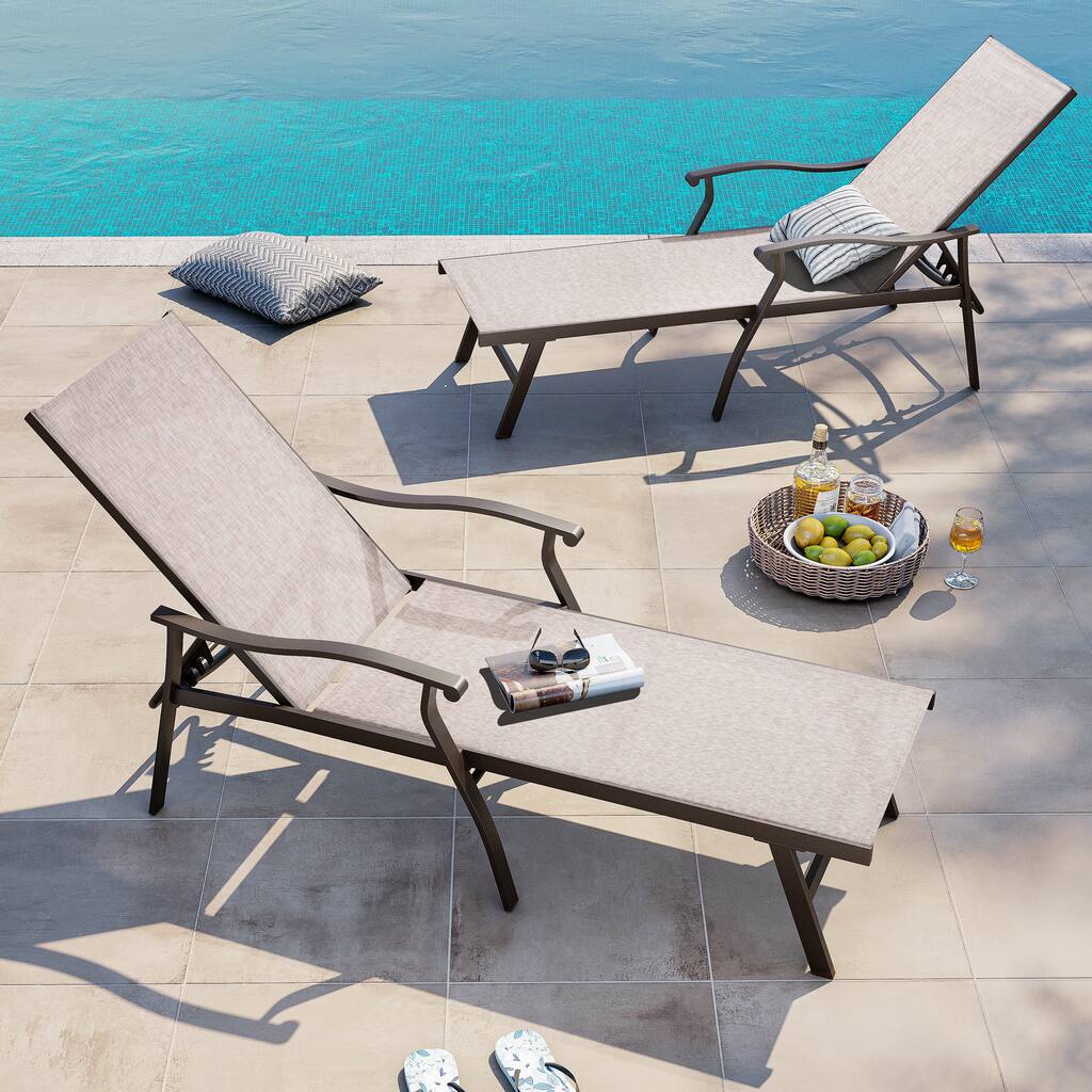 Outdoor Patio Aluminum Adjustable Chaise Lounge Chairs (Set of 2) with Arms - See Picture