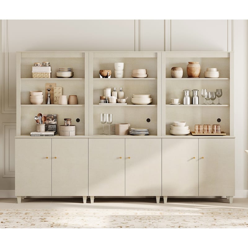 Modern 71" Tall Pantry Cabinet with Doors & Shelves for Dining Room - 6 Doors - Beige Linen Printed