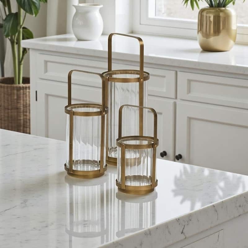 Vortial Fluted Glass Candle Lantern with Gold Metal Frame