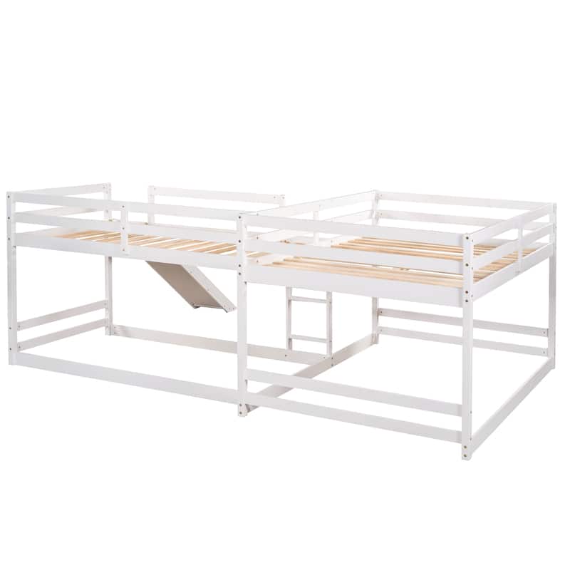 Full and Twin Size Low Bunk Bed with Slide & Short Ladder, Solid Wood 4-in-1 L-Shaped Bunk Bed Frame with Full-Length Guardrail