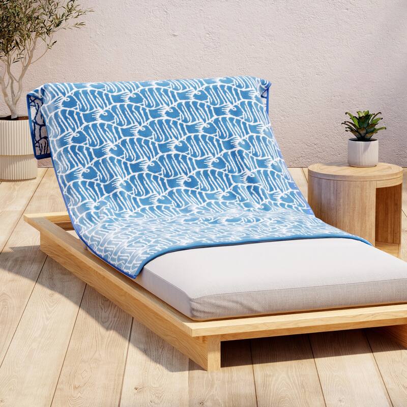 Linery & Co. 100% Cotton Oversized Summer Beach Towels - Single Oversized - 36" x 68" - Blue / White Fish