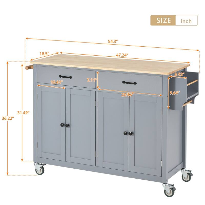 35"W Kitchen Island Cart with Solid Wood Top and Locking Wheel，4 Door Cabinet and 2 Drawers，Spice Rack, Towel Rack and Handle
