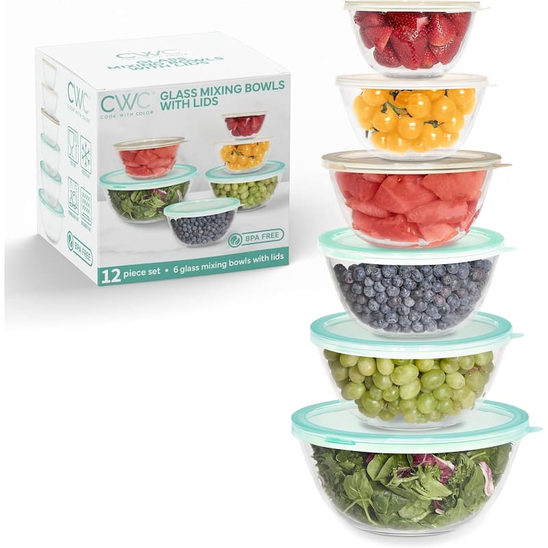 COOK WITH COLOR 12 Pc Glass Nesting Mixing Bowl Set with Lids for Cooking and Prep - Mint