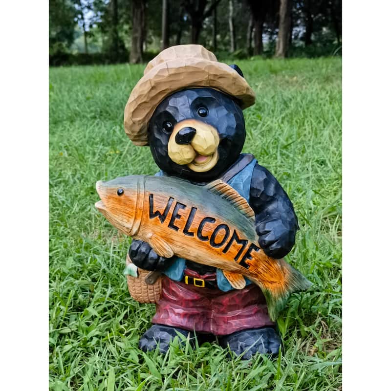 Bear with Fish Welcome Outdoor Garden Sign - 17"