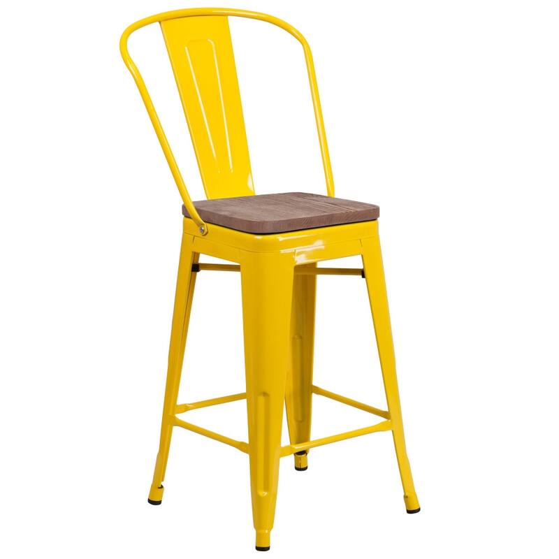 4 Pack 24" High Metal Counter Height Stool with Back and Wood Seat - 17.75"W x 20"D x 39.25"H