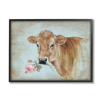 Stupell Traditional Country Cow Pink Rose Rustic Distressed Painting Framed Wall Art - Blue