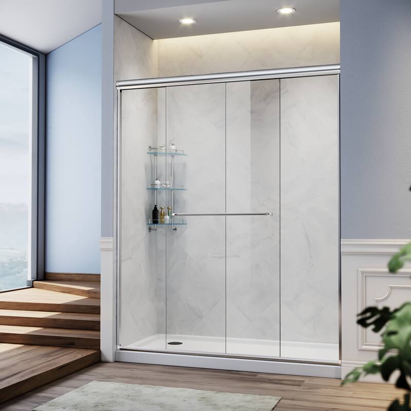 Elegant Double Sliding Shower Door 58.5-60 x 72" Width Cutting Guide Rail Adjustment Reversible installation