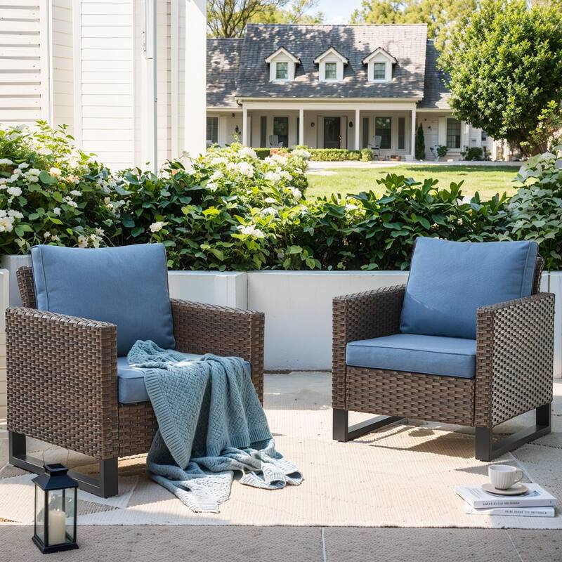 Patio PE Wicker Chair with Cushion Set of 2 - Brown - Blue