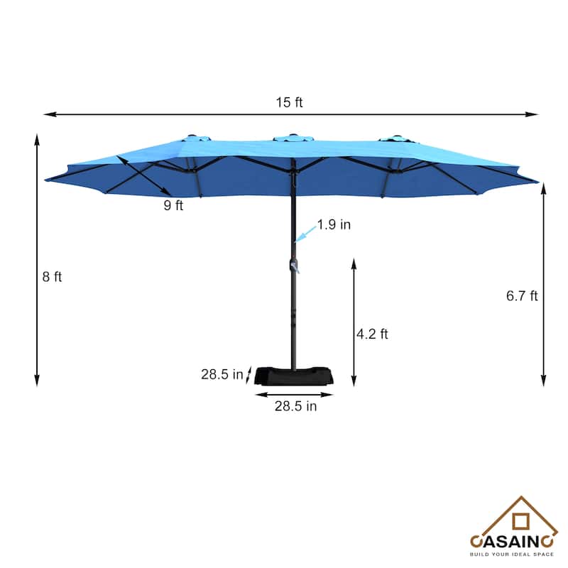 15-ft. Rectangular Crank Double-sided Large Outdoor Market Umbrella Patio Umbrella with Base Included