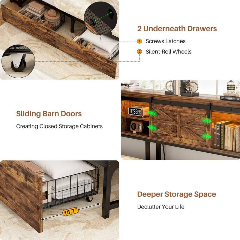 Corner Daybed with Drawers and Bookcase, Twin Bed Frame with LED Light and Charging Station