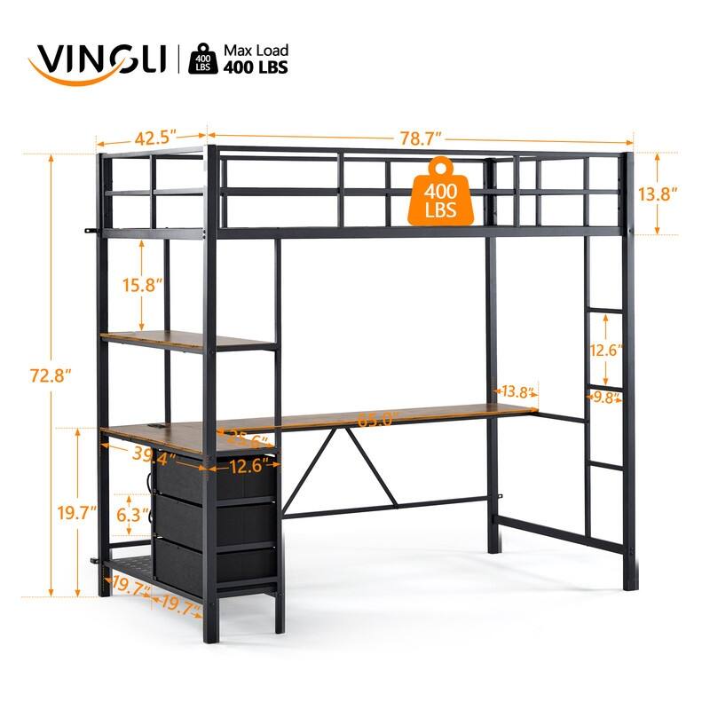 Black Twin Raised Bed with Desk Bookshelf Drawers Socket Light Strip Iron Bed USA