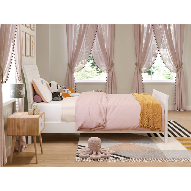 Solid Wood Sleigh Bed Frame Twin Low Profile Platform Bed with Footboard - White Finish