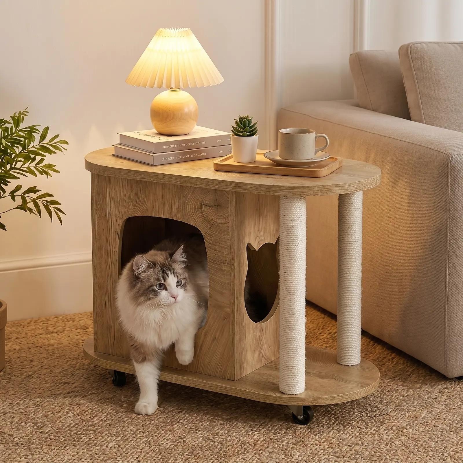 Modern Cat End Table with Scratching Posts, Hidden Cat House Furniture with Wheels for Indoor Cats